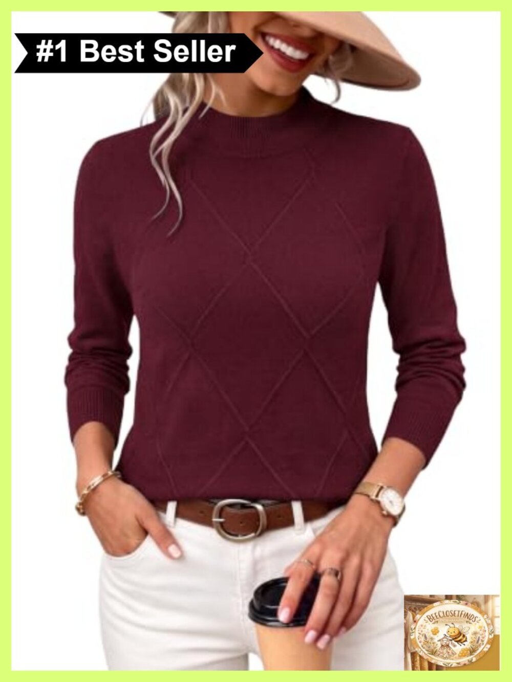 Womens Argyle Cable Knit Long Sleeve Mock Neck Pullover Sweater